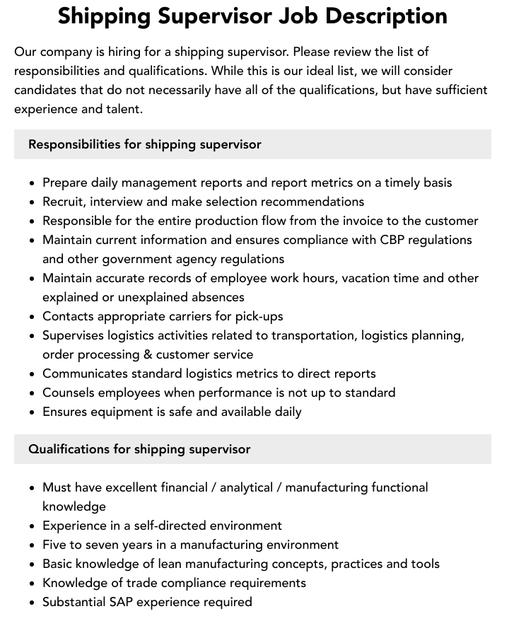 Shipping Supervisor Job Description Pdf