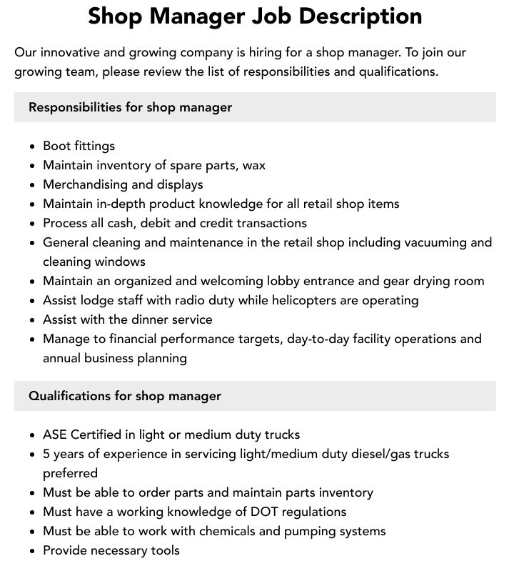 Shop Manager Job Description Velvet Jobs