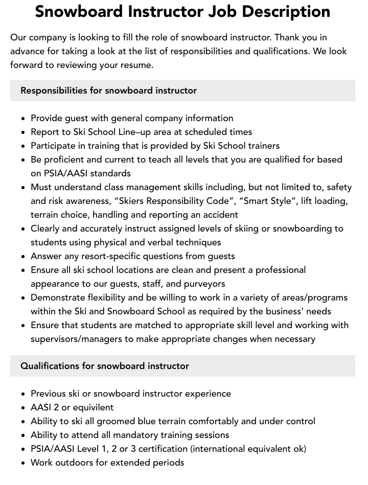 Snowboard Instructor Job Description Velvet Jobs