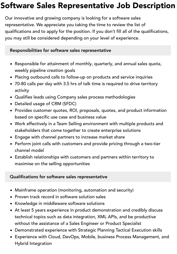 Software Sales Representative Job Description Velvet Jobs
