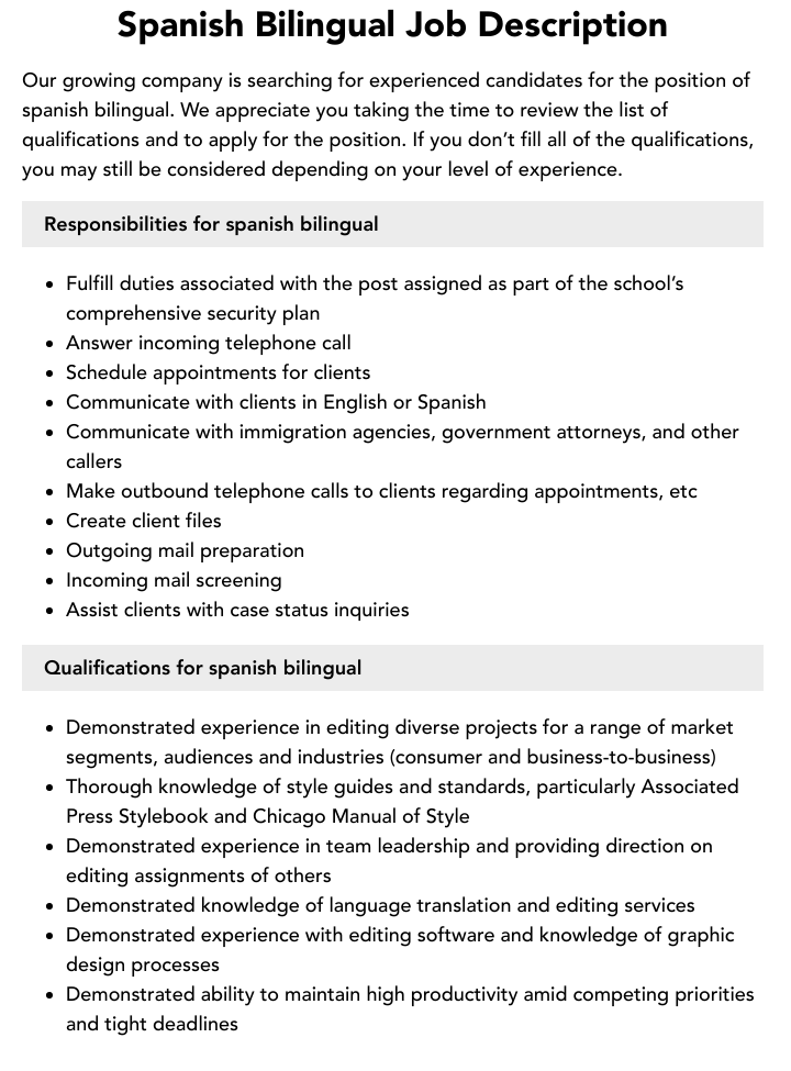 Spanish Bilingual Job Description Velvet Jobs
