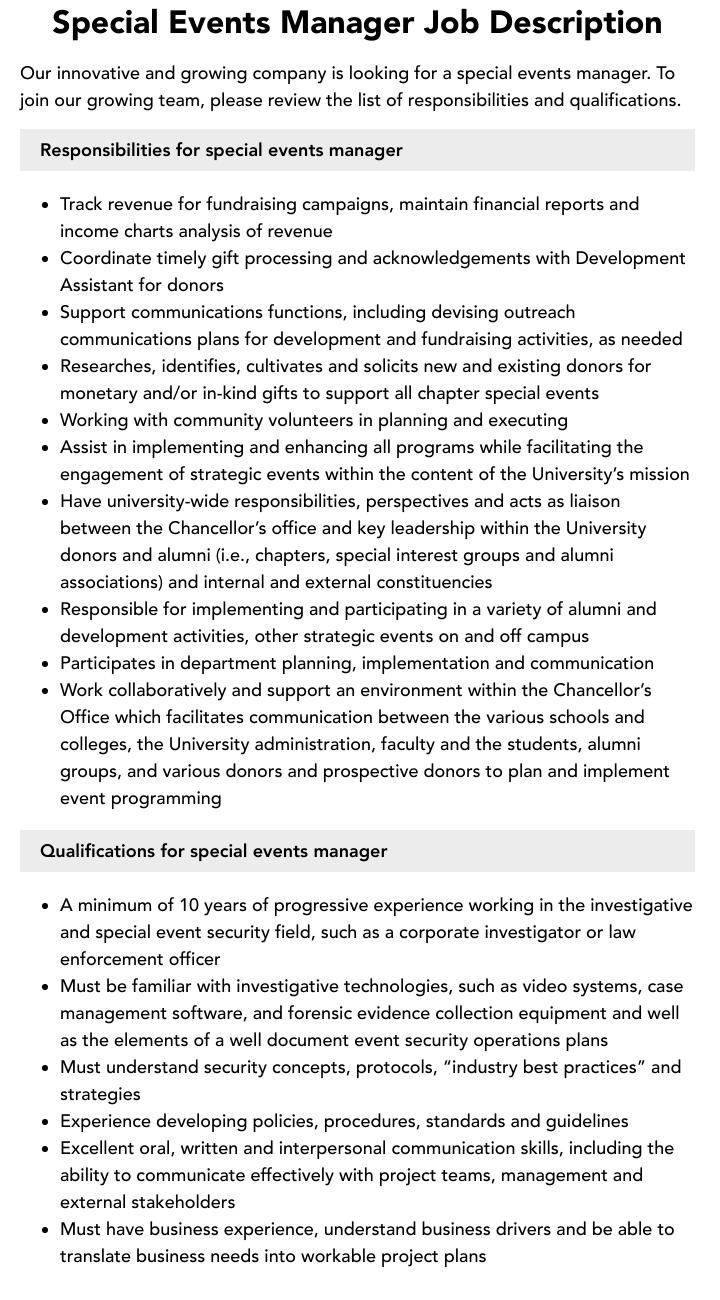 Special Events Manager Job Description Velvet Jobs