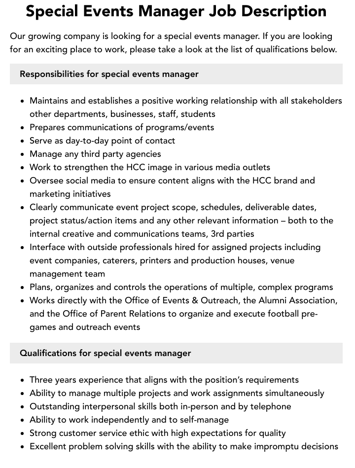 Special Events Manager Job Description Velvet Jobs