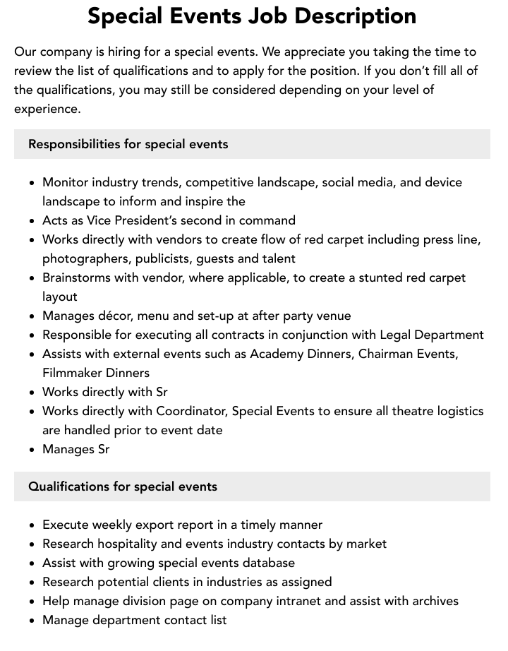 Special Events Job Description Velvet Jobs