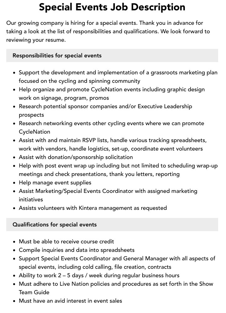 Special Events Job Description Velvet Jobs