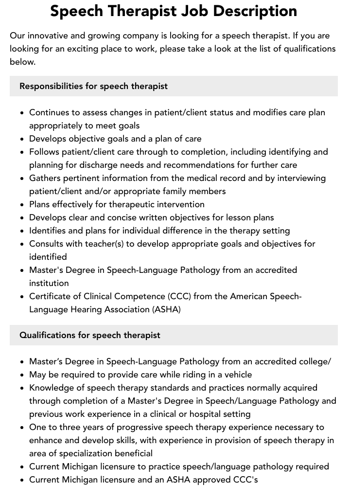 Speech Therapist Aide Job Description