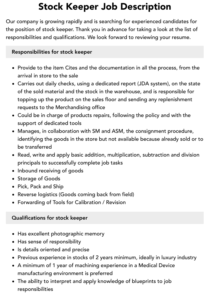 Stock Keeper Job Description Velvet Jobs