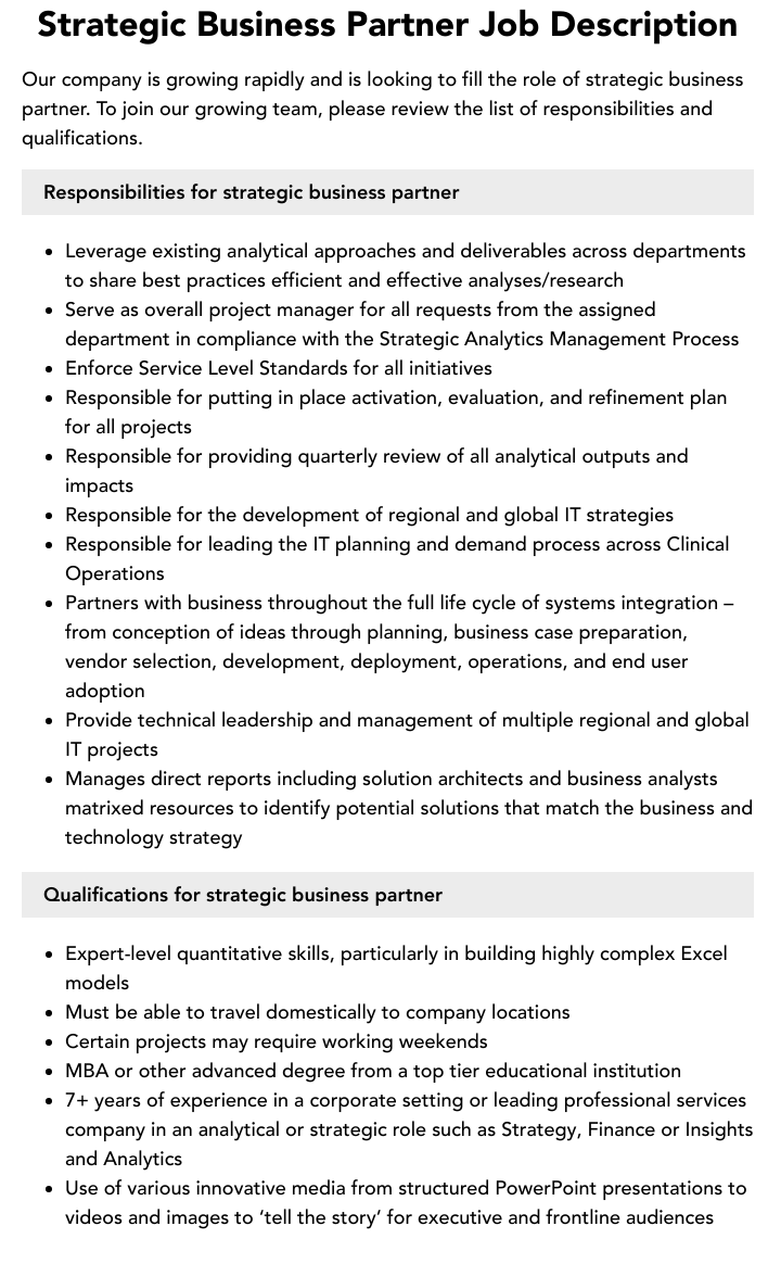 Strategic Business Partner Job Description Velvet Jobs