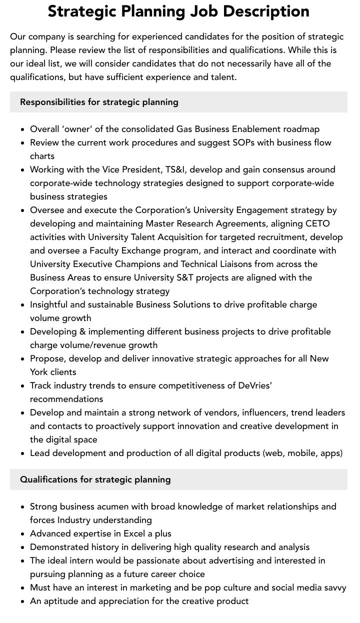 Strategic Planning Job Description Velvet Jobs