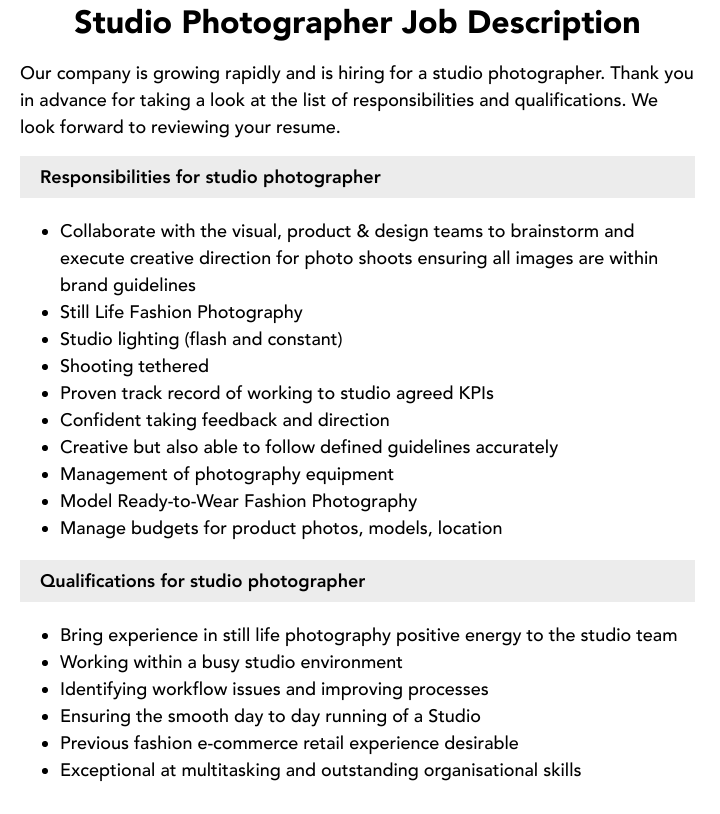 Studio Photographer Job Description Velvet Jobs