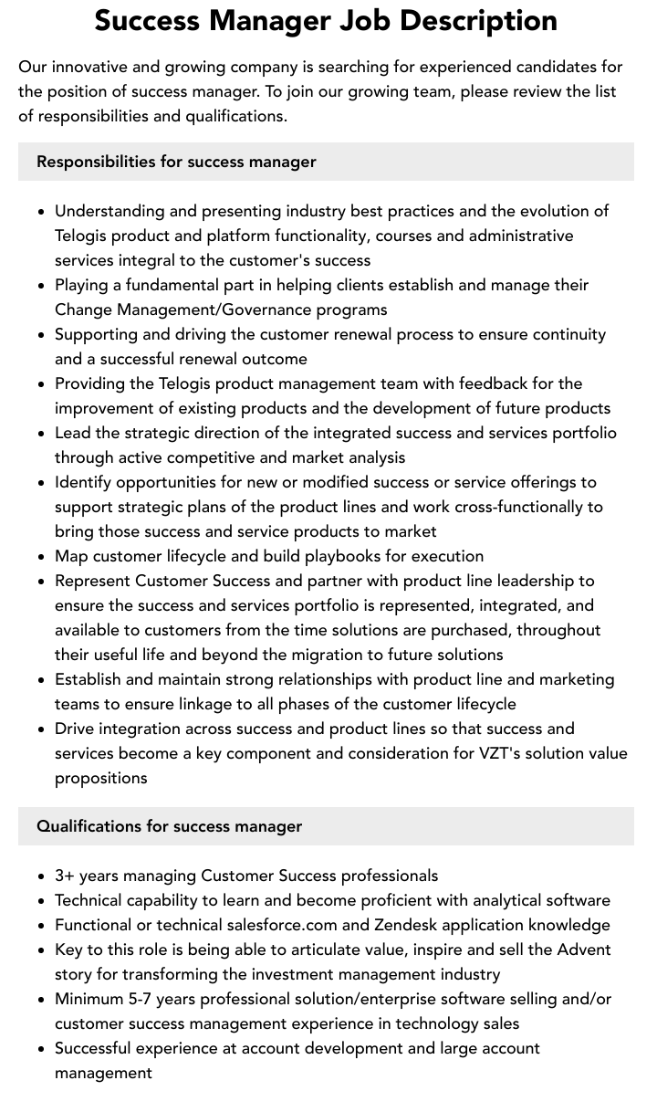 Success Manager Job Description Velvet Jobs