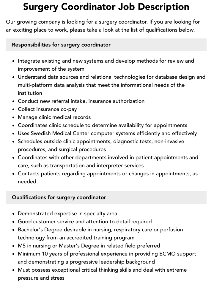 Surgery Coordinator Job Description Velvet Jobs