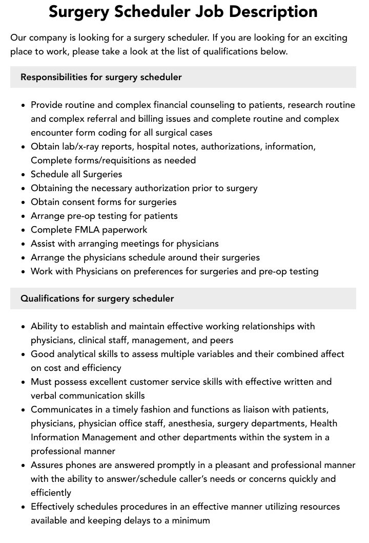 Surgery Scheduler Job Description Velvet Jobs