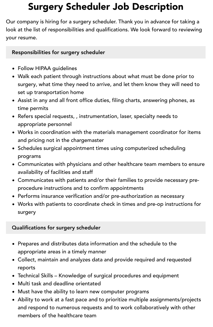 Surgery Scheduler Job Description Velvet Jobs
