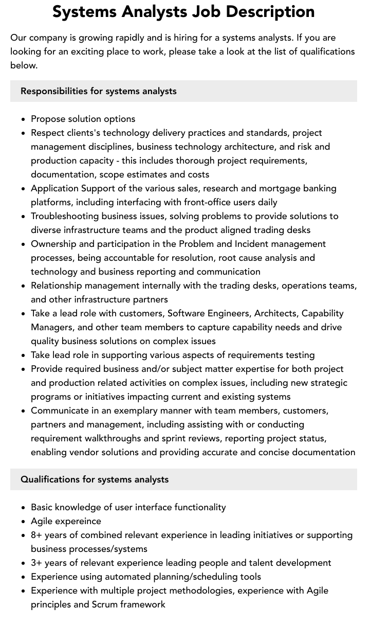 Systems Analysts Job Description Velvet Jobs