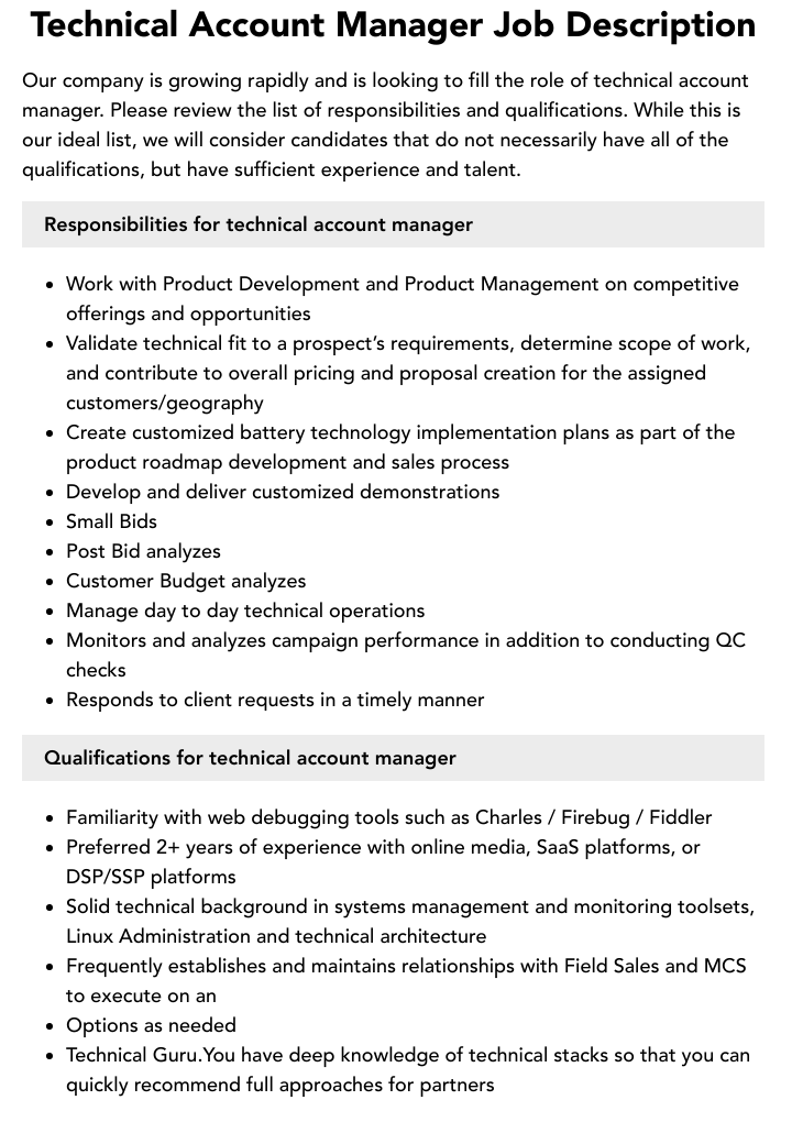 Technical Account Manager Job Description | Velvet Jobs