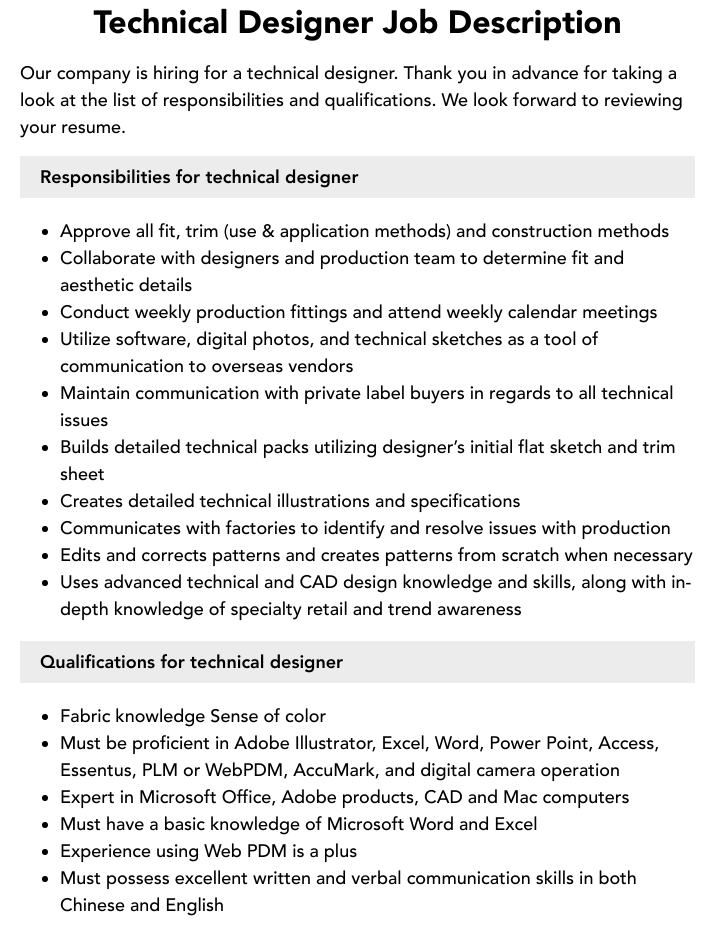 Technical Designer Job Description Velvet Jobs