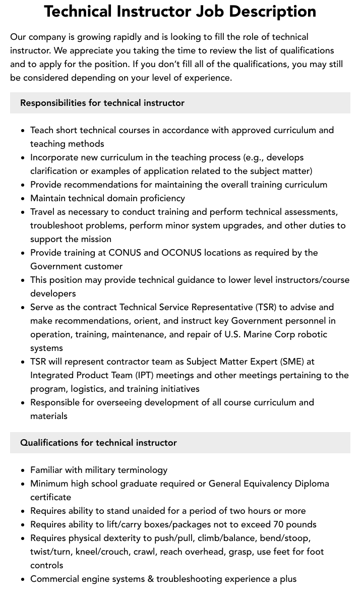Technical Instructor Job Description Velvet Jobs