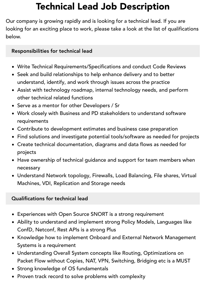 Technical Lead Job Description Velvet Jobs