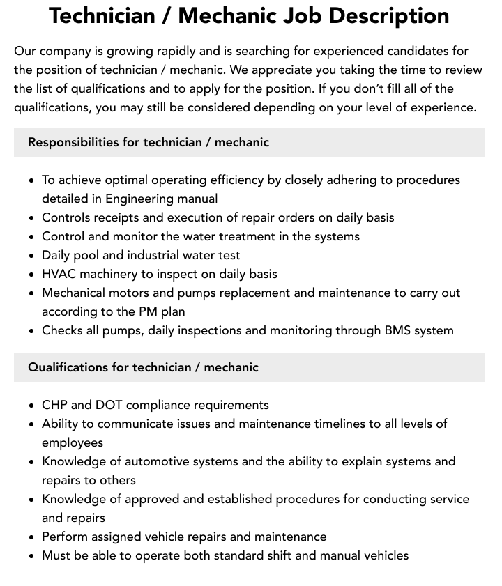 Job Mechanical Technician