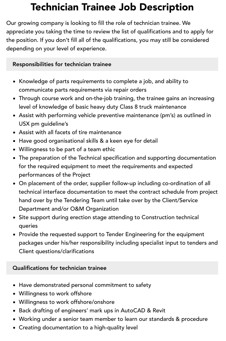 Technician Trainee Job Description Velvet Jobs