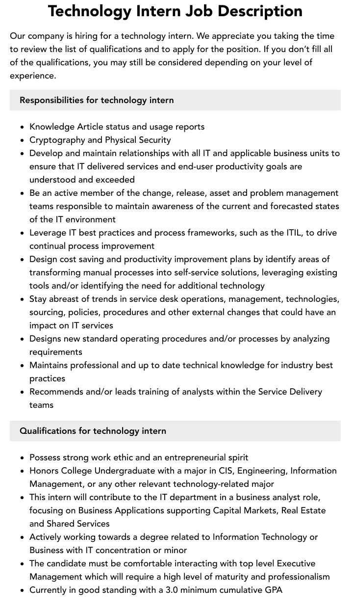 Technology Intern Job Description Velvet Jobs