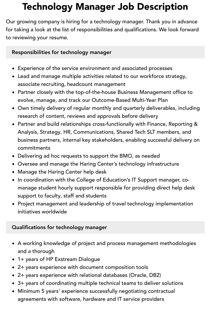 Corporate Information Technology Manager Job Description