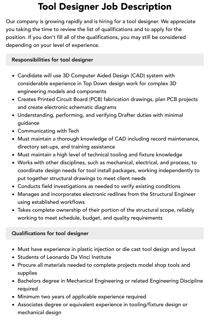 Tool Designer Job Description Velvet Jobs Tool Designer Job Description Velvet Jobs