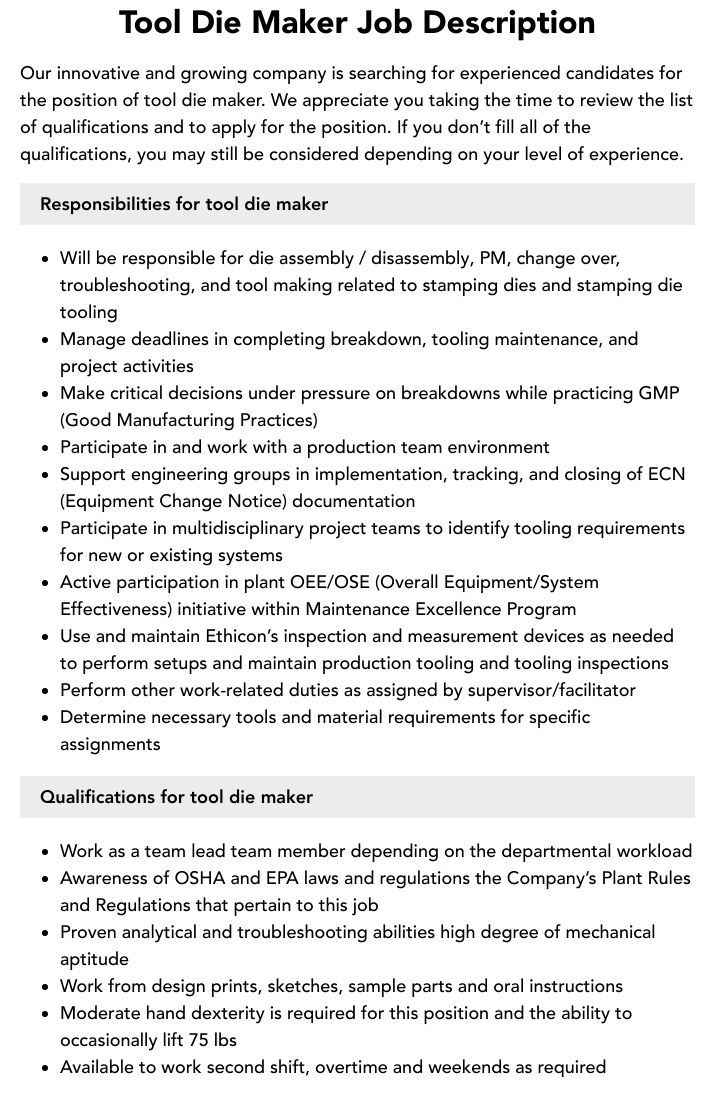 Tool And Die Maker Job Duties At Raymond Eudy Blog