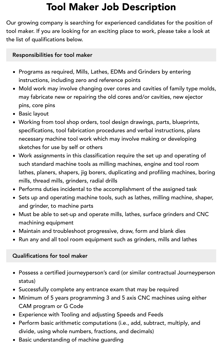 Tool Maker Job Description Velvet Jobs Tool Maker Job Description Velvet Jobs
