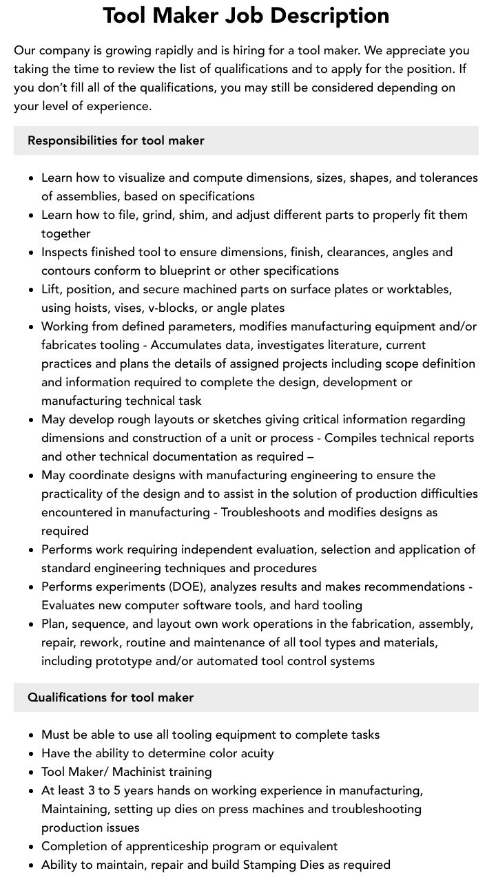 Tool Maker Job Description Velvet Jobs
