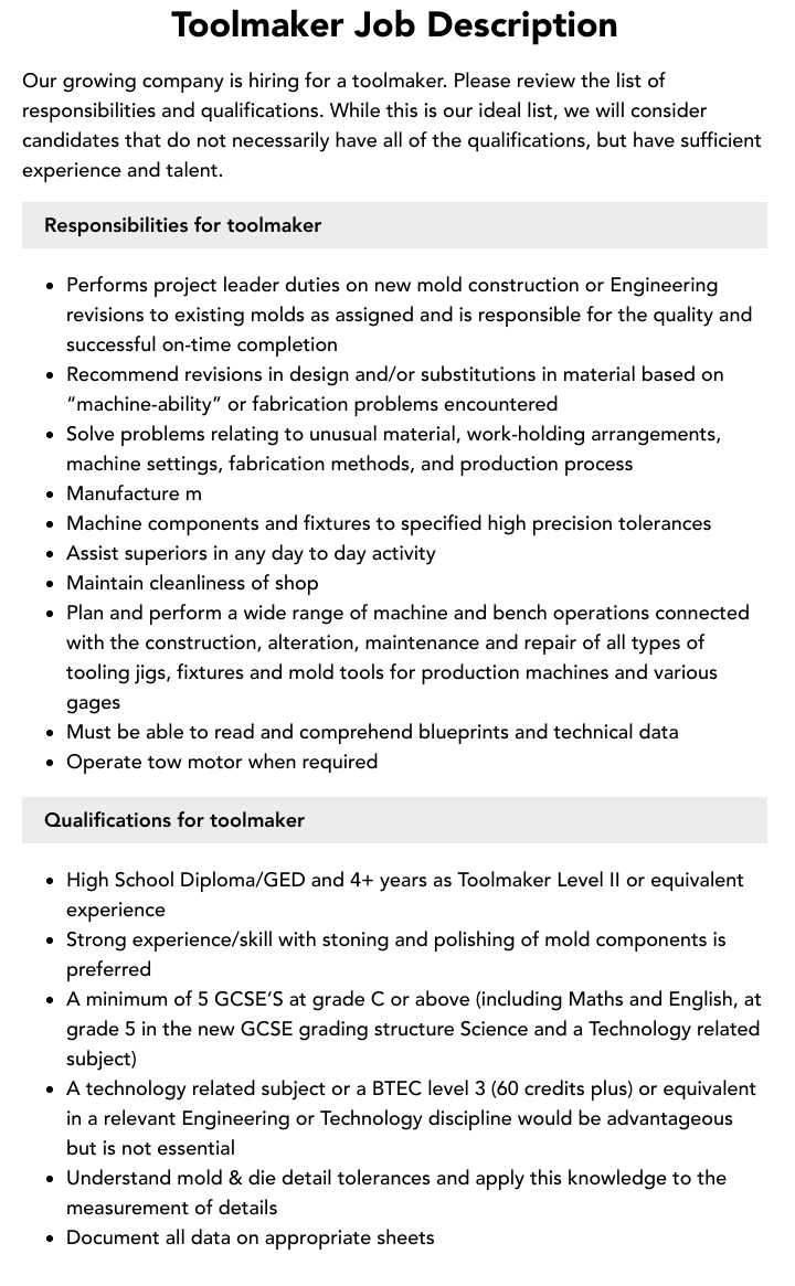 Toolmaker Job Description Velvet Jobs