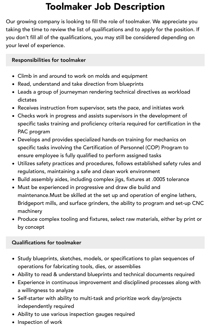 Toolmaker Job Description Velvet Jobs