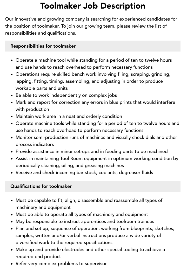 Toolmaker Job Description Velvet Jobs