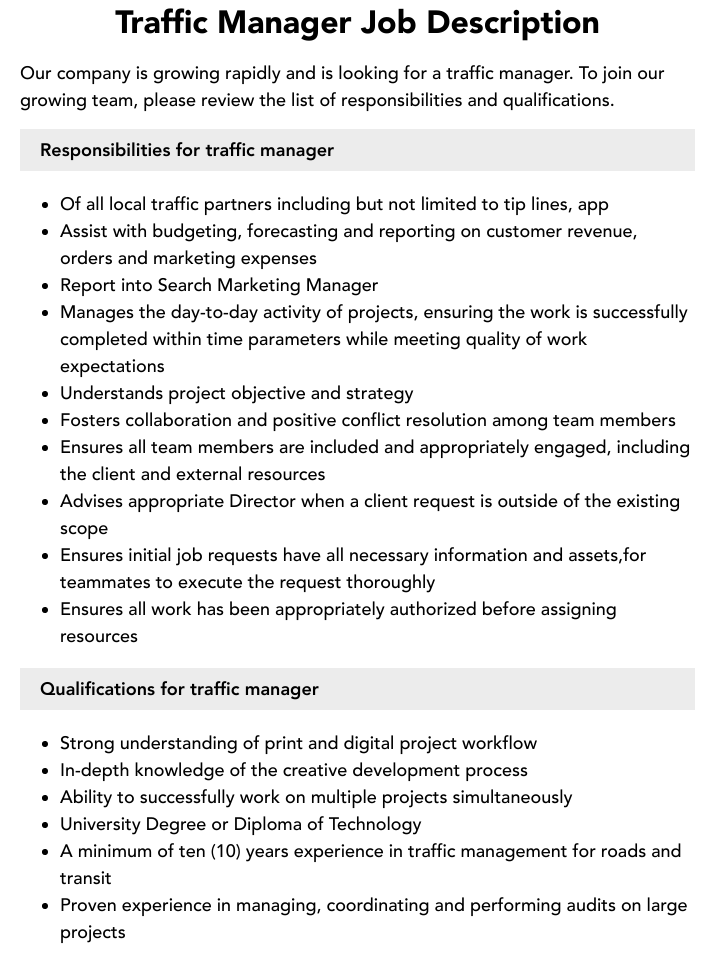 Traffic Manager Job Description Velvet Jobs