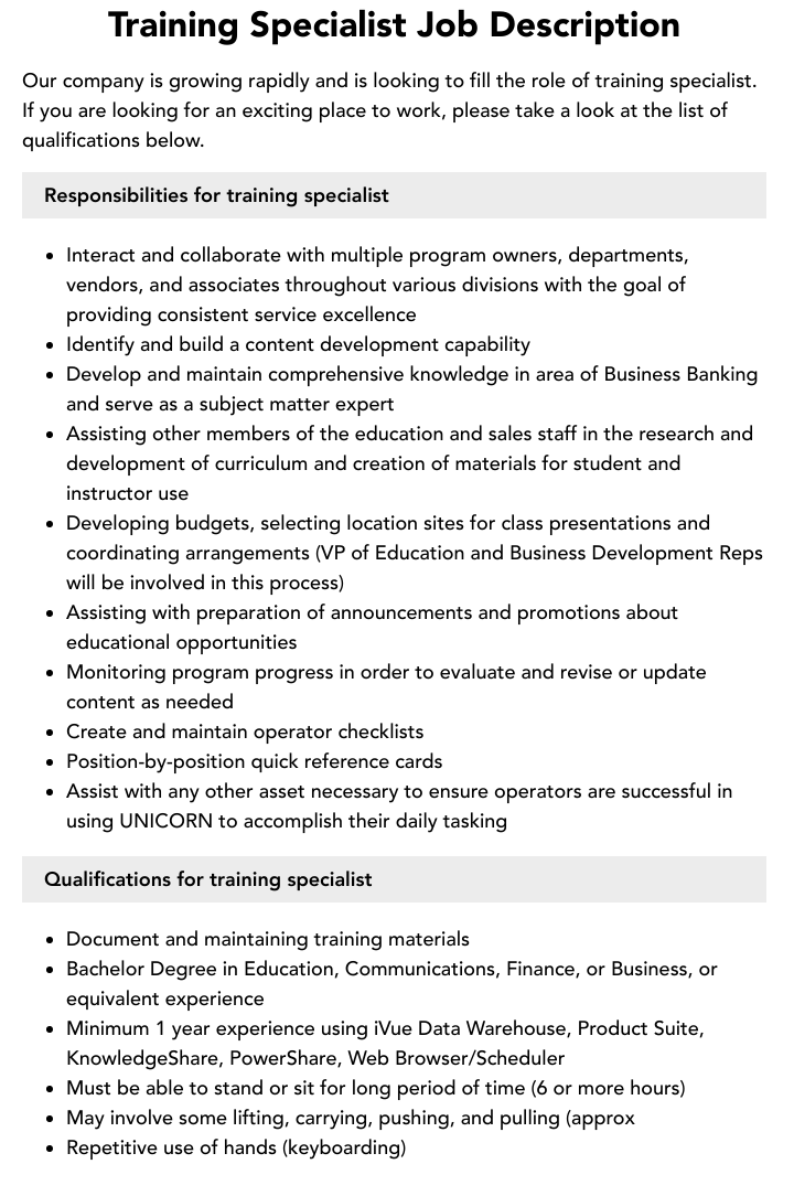 Safety Training Specialist Job Description At Frances Pool Blog