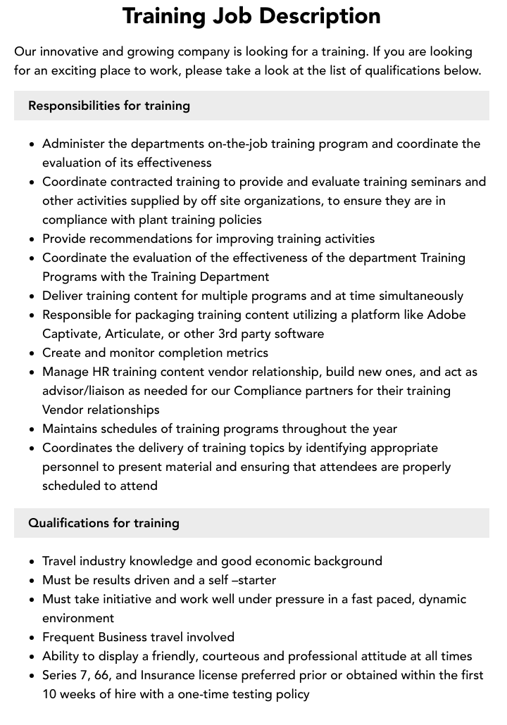 Training Job Description Velvet Jobs