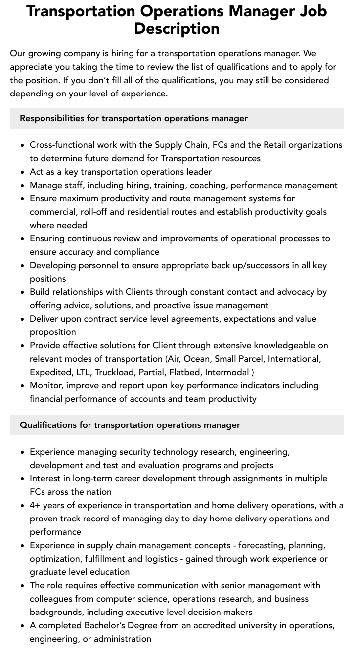 Transport Manager Job Description Template Printable Online