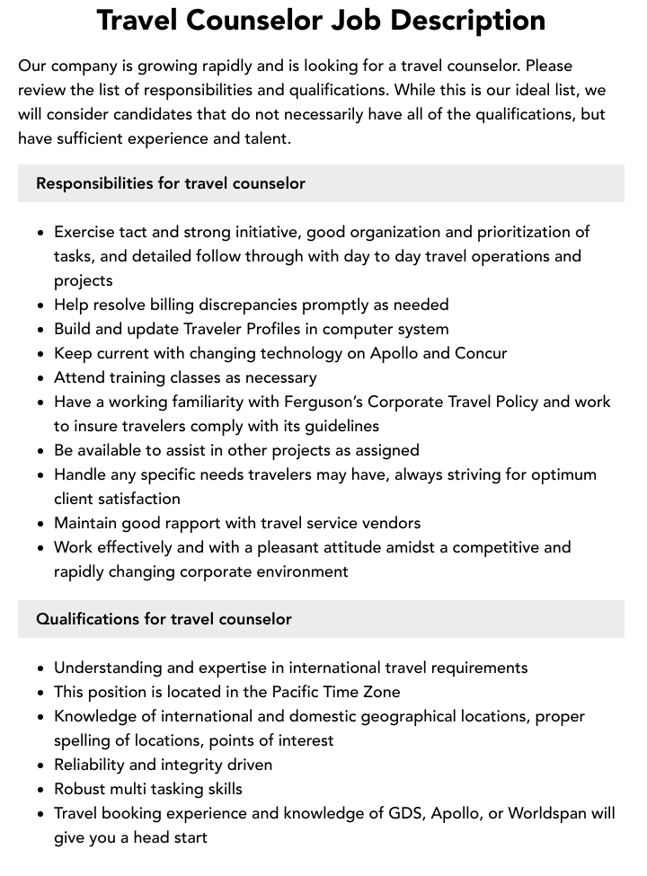 travel counsellor job description