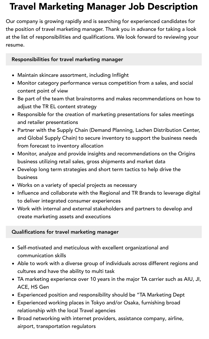 tourism marketing director job description