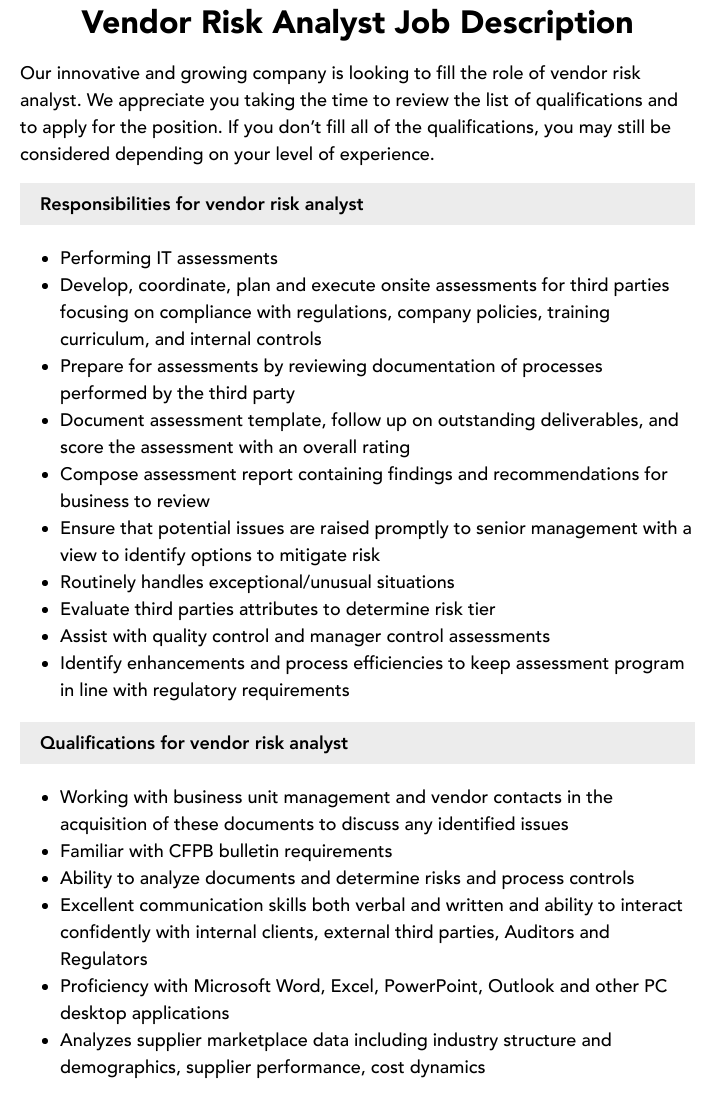 Vendor Risk Analyst Job Description Velvet Jobs