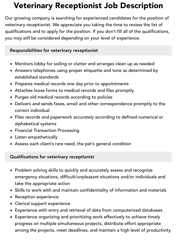 Veterinary Receptionist Job Description Velvet Jobs   Veterinary Receptionist V5 