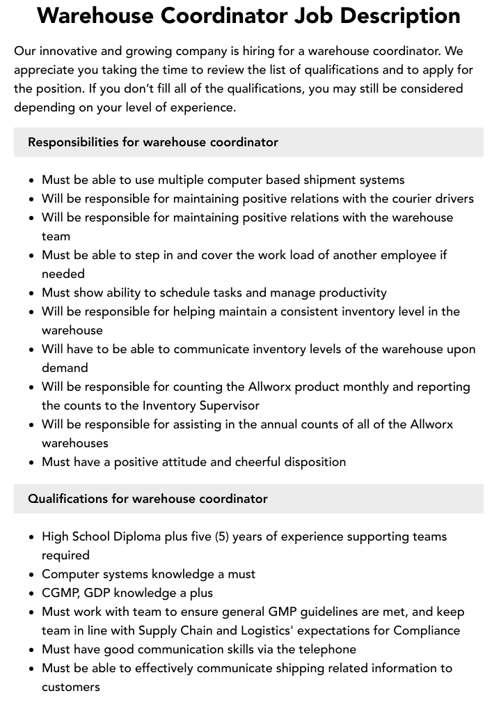 Warehouse Coordinator Job Description Velvet Jobs