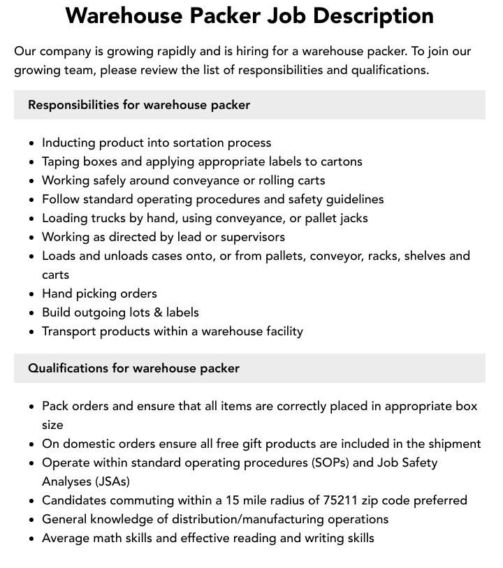 Warehouse Packer Job Description Velvet Jobs