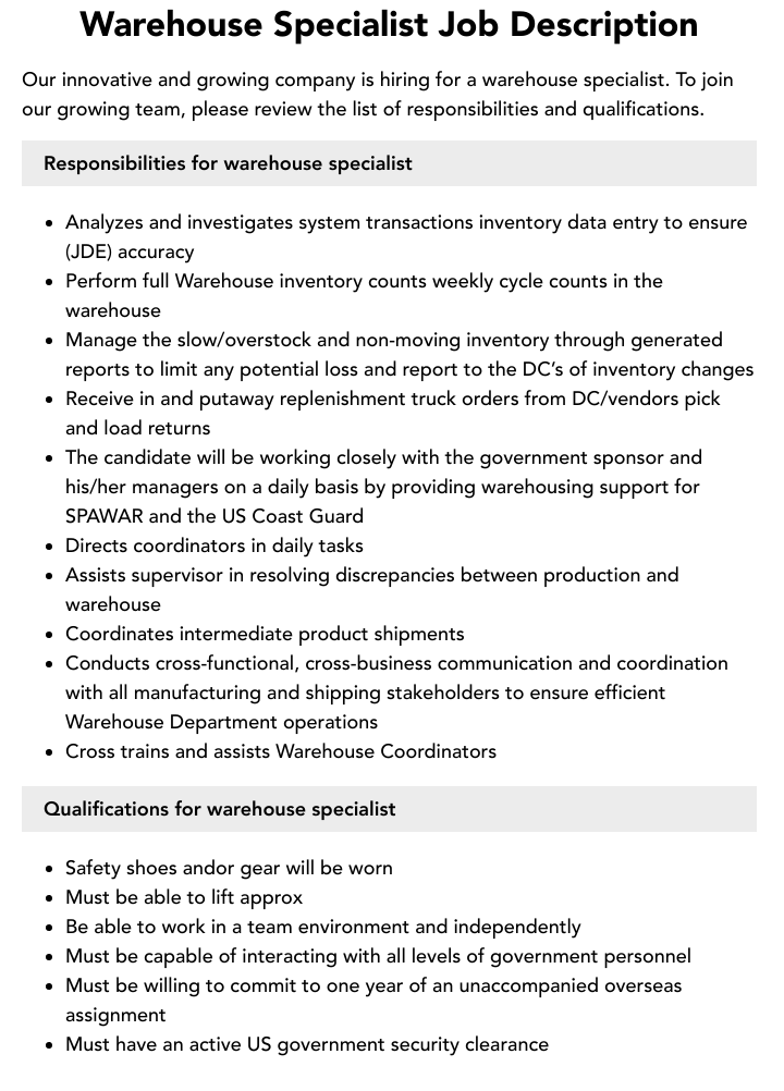 Warehouse Specialist Job Description Velvet Jobs
