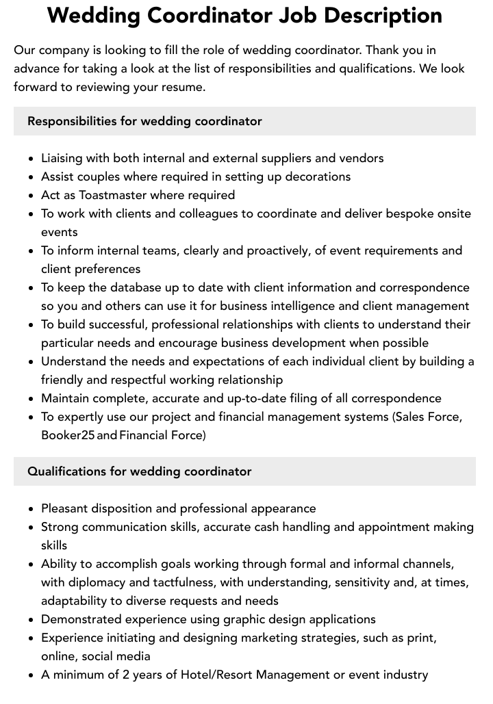 Wedding Coordinator Job Description Velvet Jobs