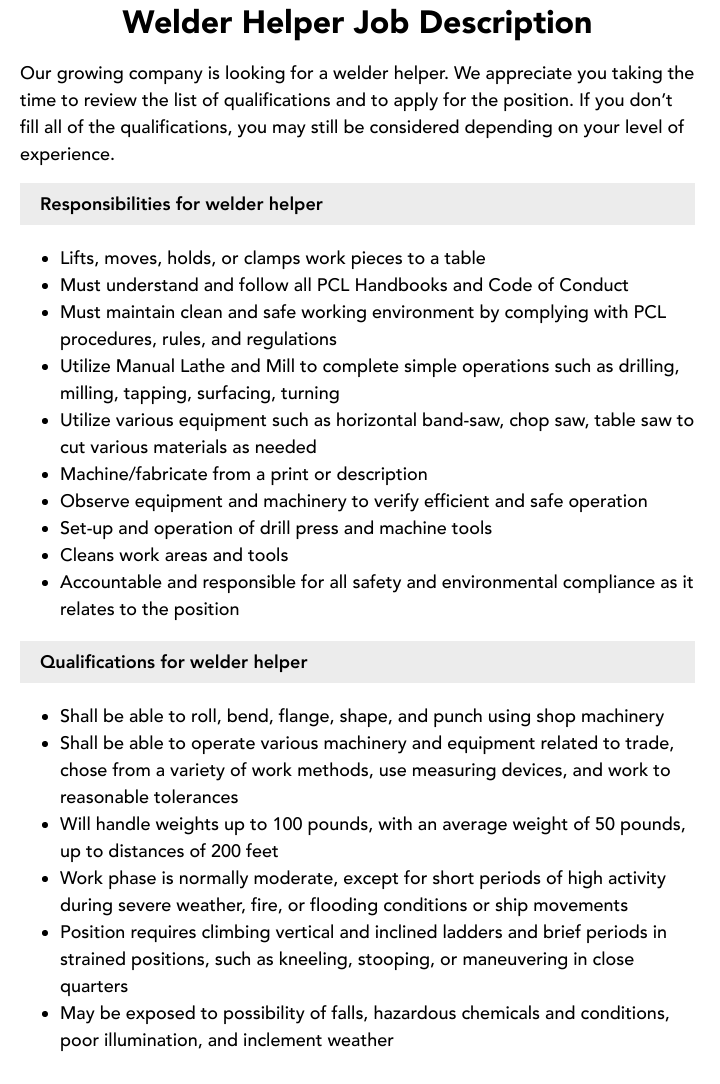 Welder Helper Job Description Velvet Jobs