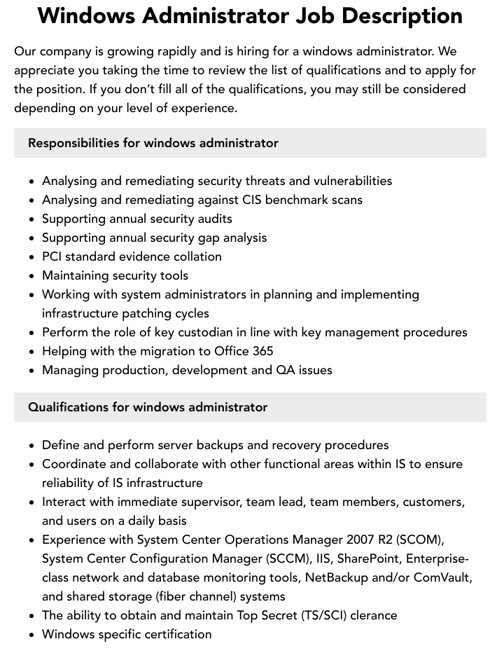 Windows Administrator Job Description | Velvet Jobs