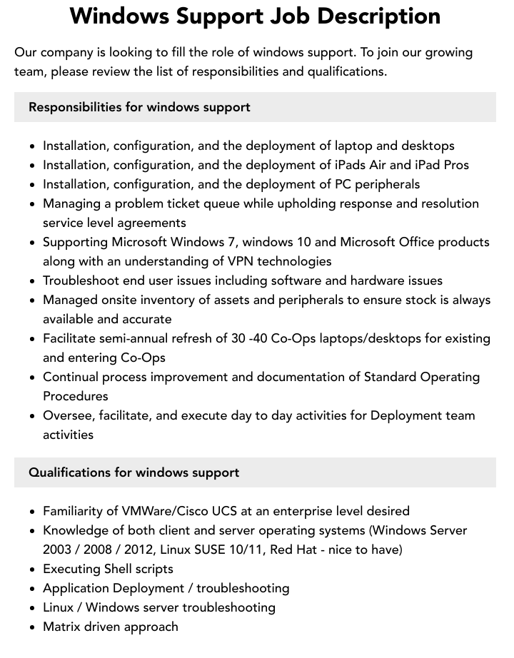 Windows Support Job Description Velvet Jobs