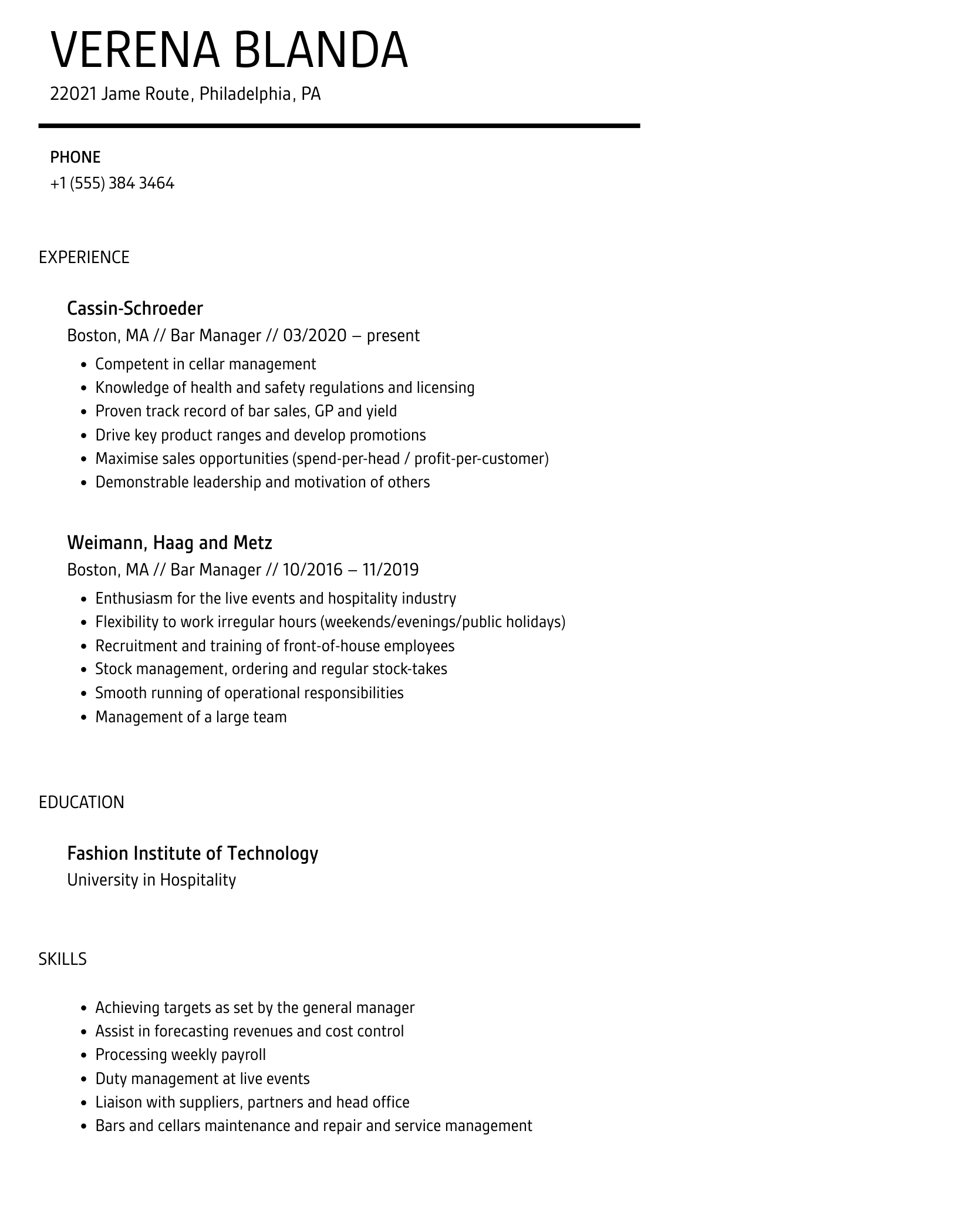 Bar Manager Resume Samples Velvet Jobs